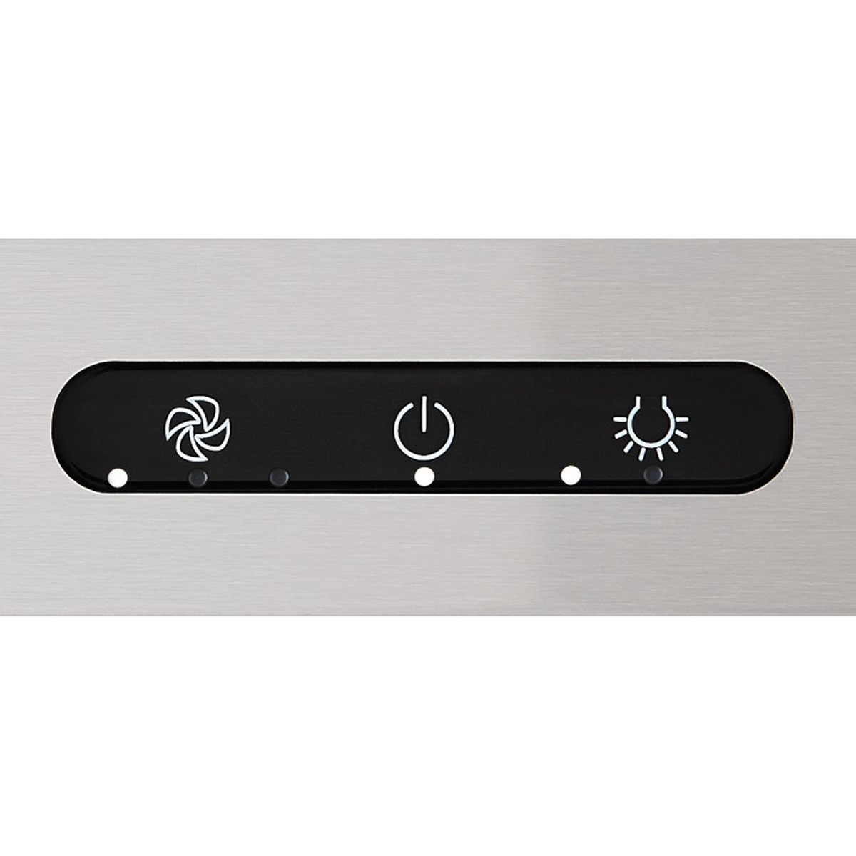 Close-up of the Broan-NuTone range hood tap-touch control panel with fan, power, and light icons