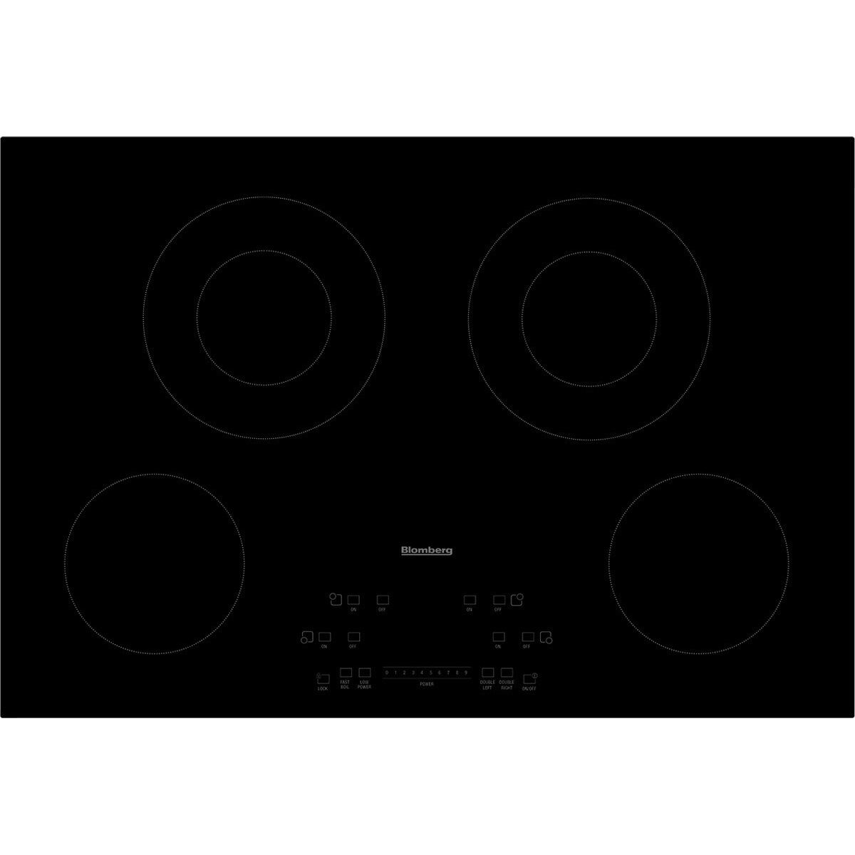 Top view of a Blomberg black glass electric cooktop with four circular cooking zones and front touch controls