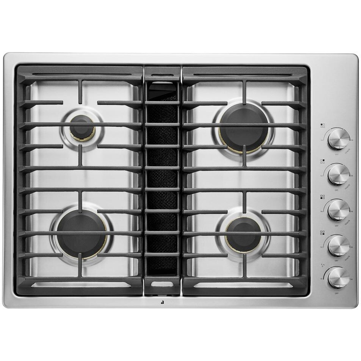 Top-down view of a stainless 4-burner gas cooktop with continuous cast-iron grates, a center downdraft vent intake, and five metal control knobs on the right