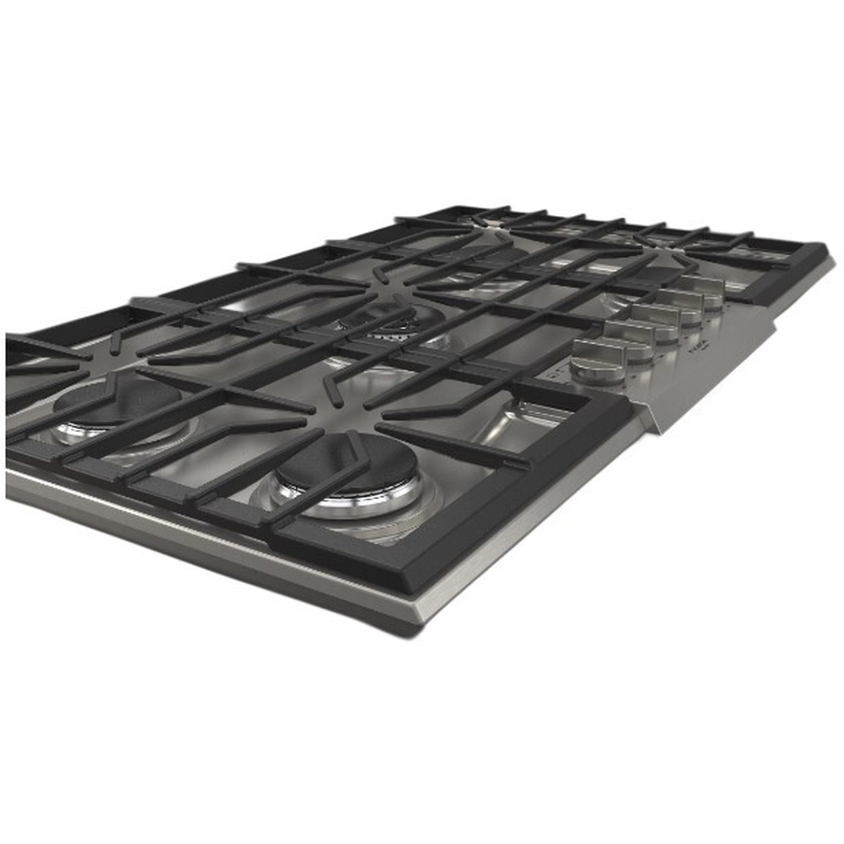Angled close-up of the Fulgor Milano cooktop showing the cast-iron grates and the row of metal control knobs