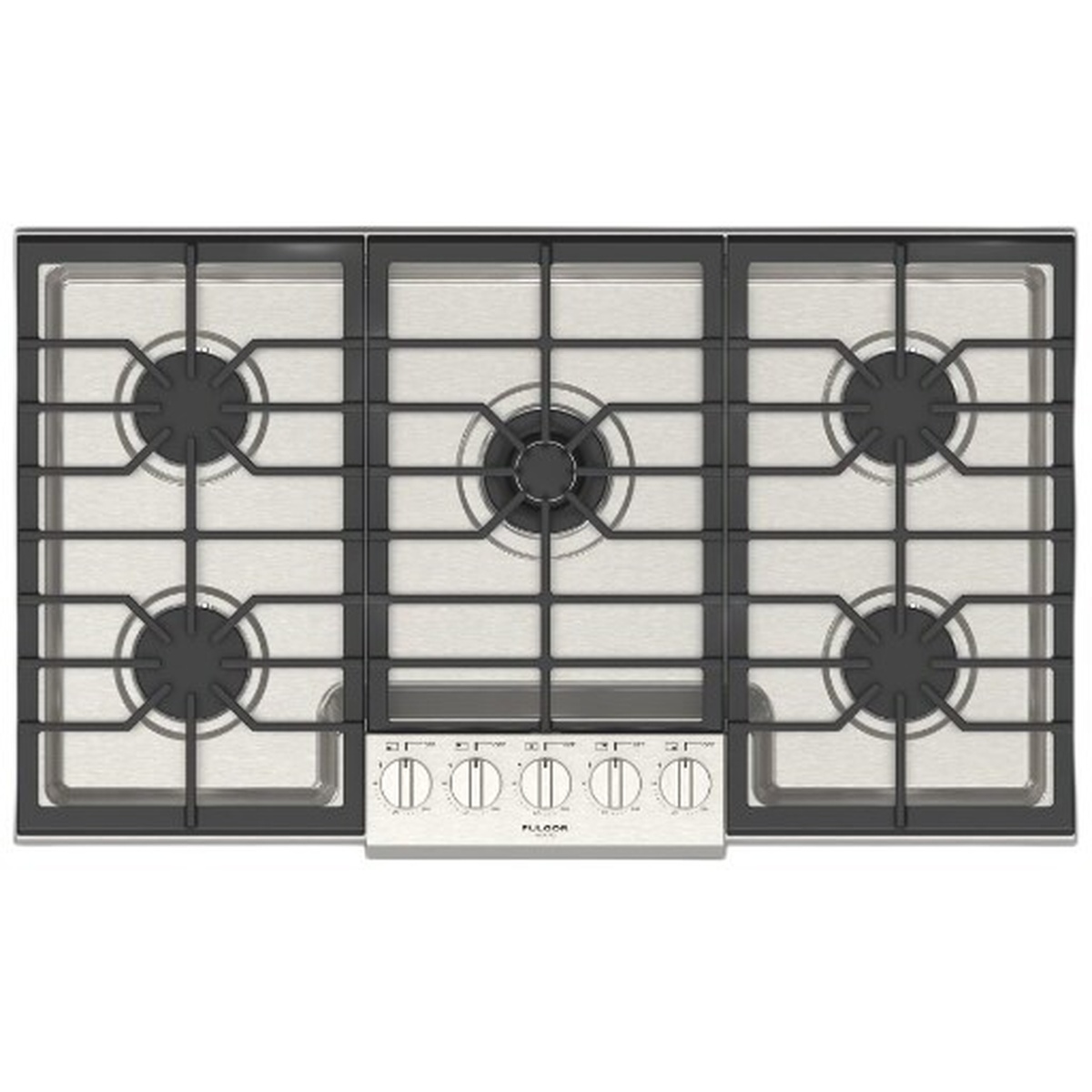 Top view of a stainless steel Fulgor Milano gas cooktop with five burners, continuous cast-iron grates, and five front control knobs