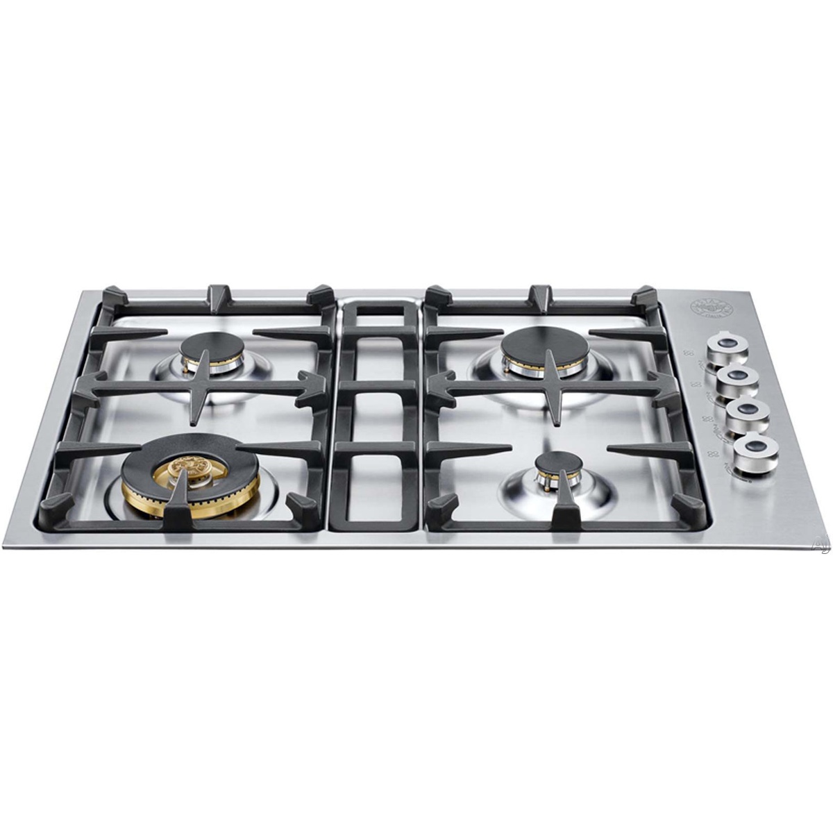Bertazzoni 30-inch gas cooktop with four burners, continuous grates, and side control knobs