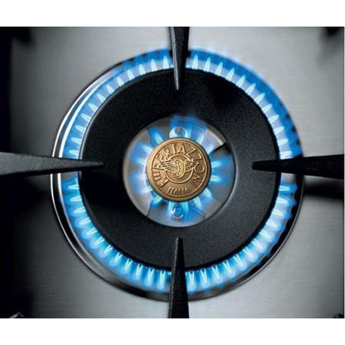 Close-up of a lit gas burner with a blue flame and a Bertazzoni-branded center cap