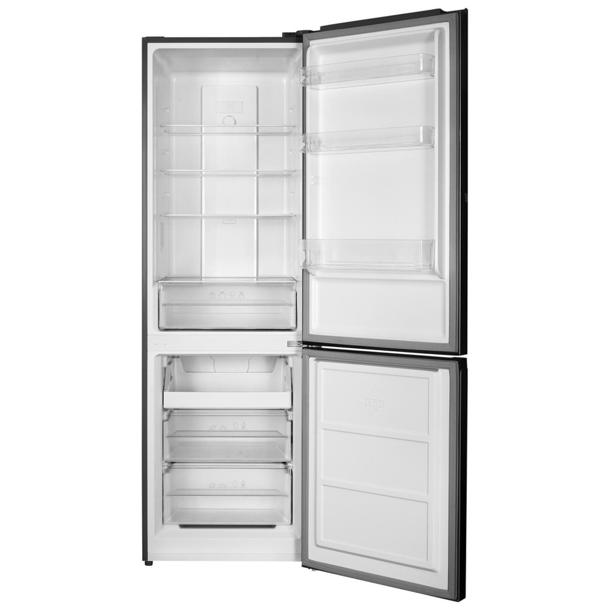 Open interior view of a Whirlpool bottom-freezer refrigerator showing glass shelves, door bins, a crisper drawer, and stacked freezer drawers