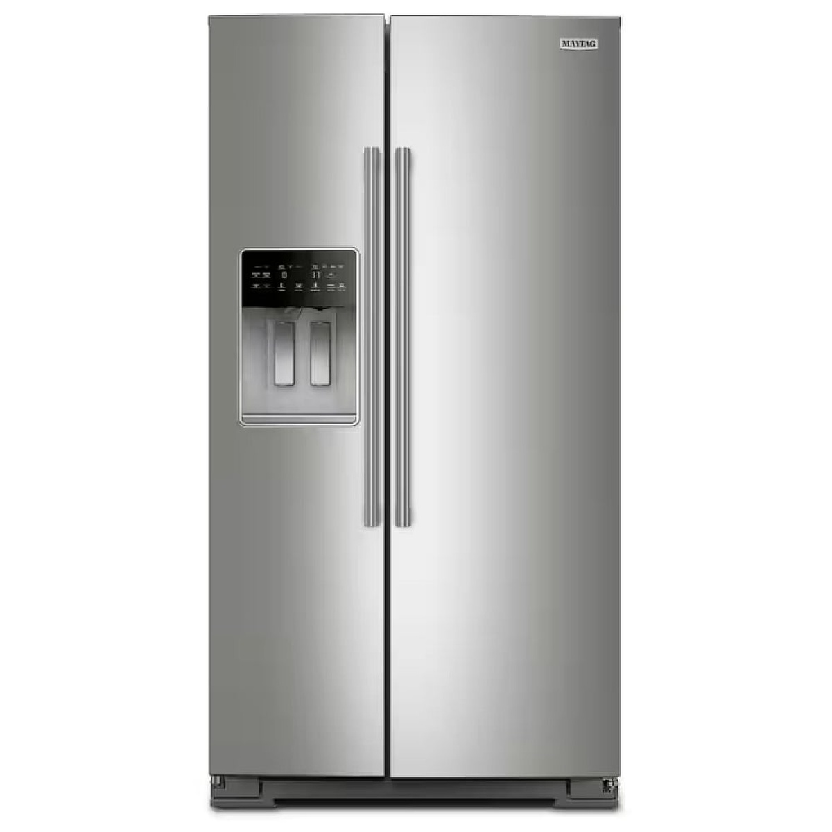 Front view of the Maytag stainless steel side-by-side refrigerator with external ice and water dispenser