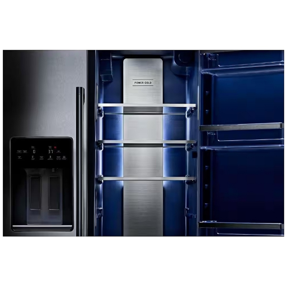 Close-up of the refrigerator interior with arctic blue walls, vertical light tower, and the PowerCold panel