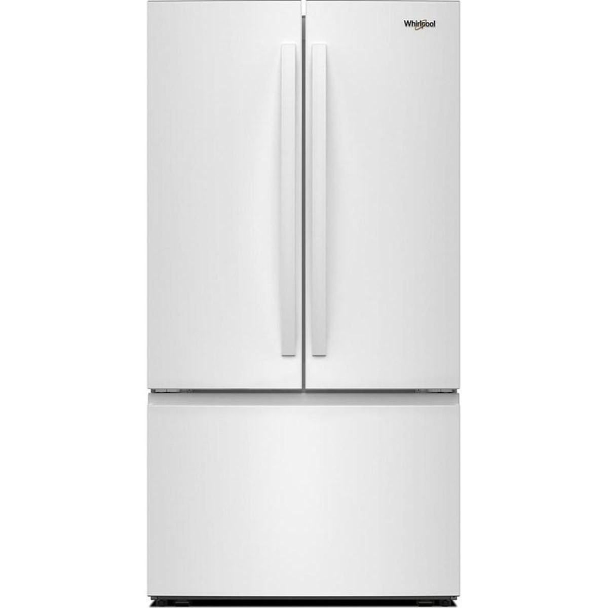 Front view of a white Whirlpool French door refrigerator with bottom freezer drawer