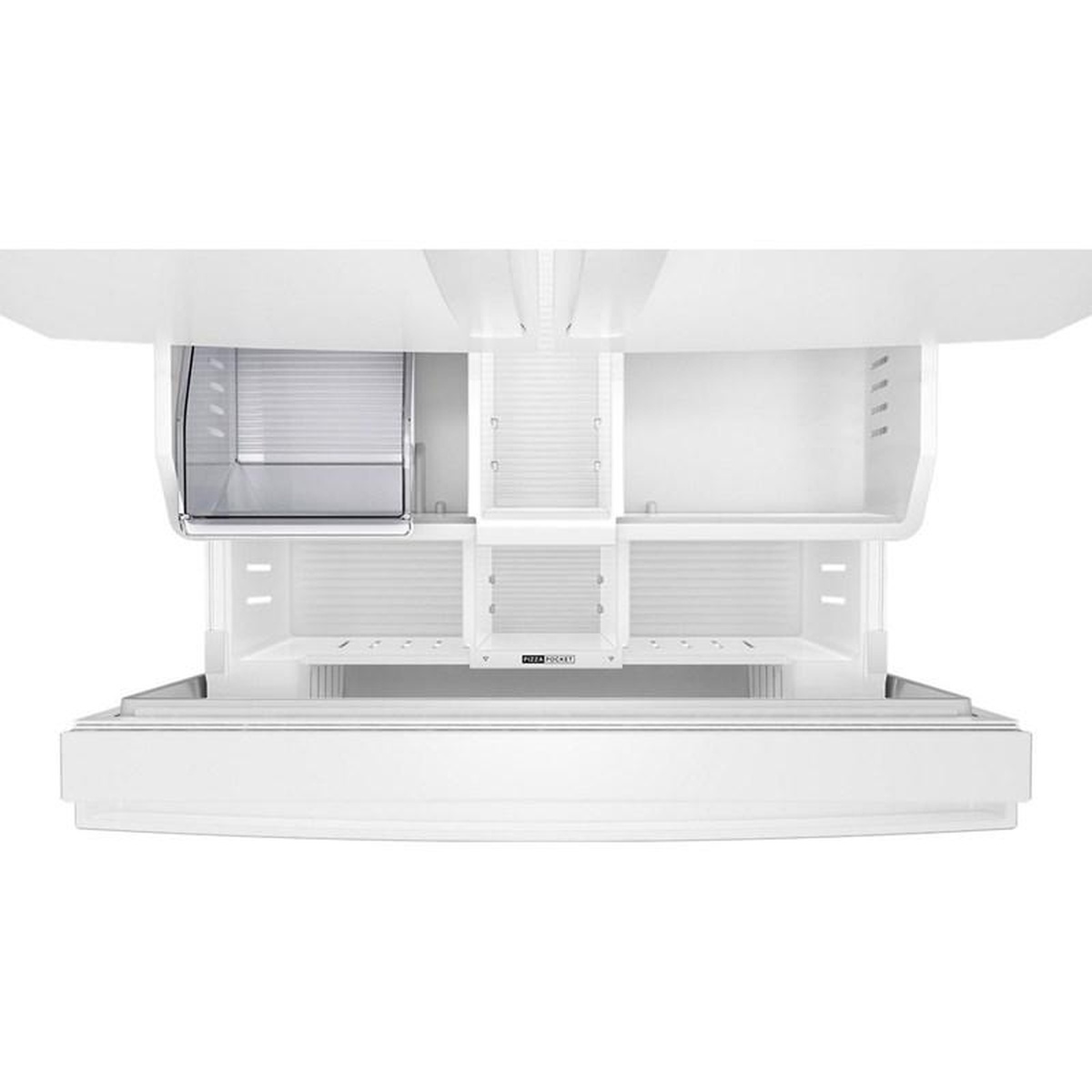 Open bottom freezer drawer showing built-in ice bin and freezer storage compartments