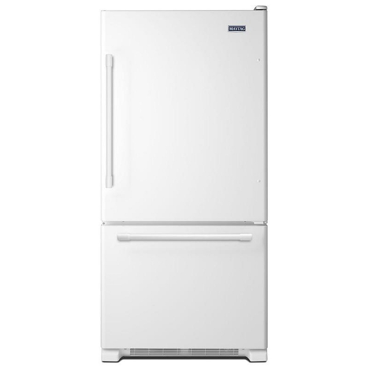 Front view of a white Maytag 2-door refrigerator with top fresh-food door and bottom freezer drawer