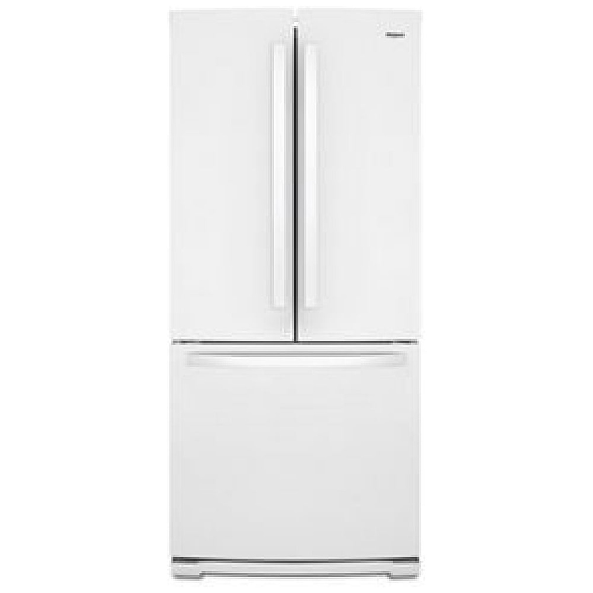 Front view of a white Whirlpool French door refrigerator with a bottom freezer drawer and long vertical handles