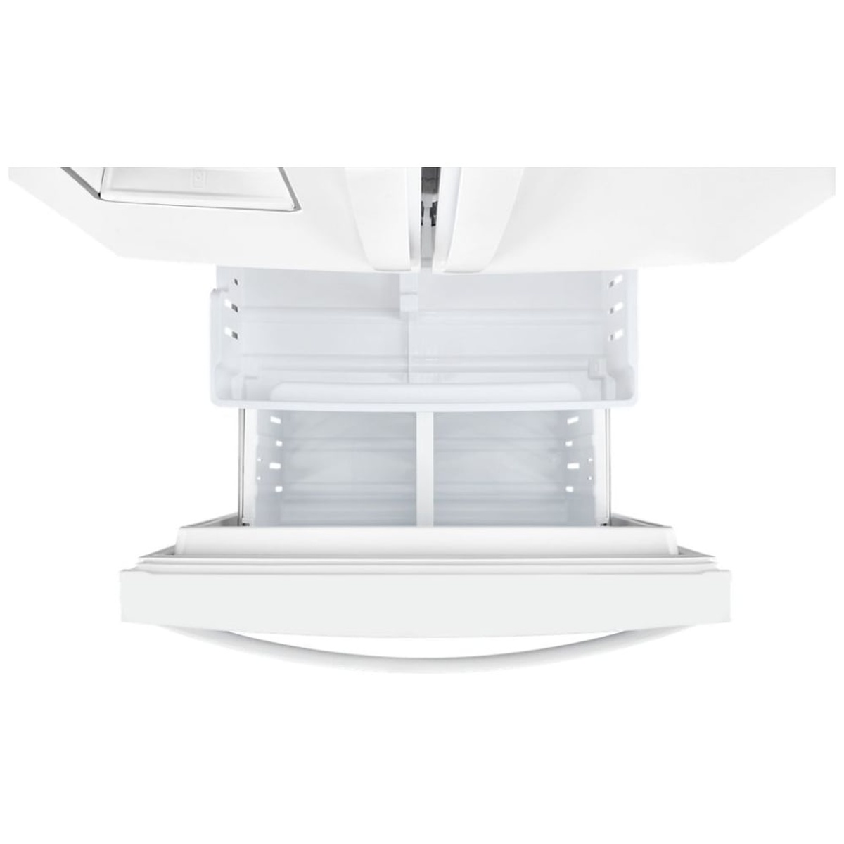 Bottom freezer drawer pulled open showing the inside storage basket area