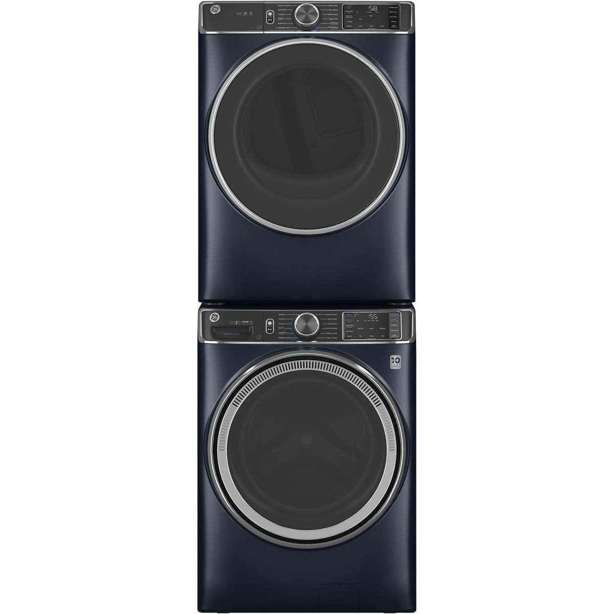 Stacked GE washer and dryer laundry set in dark blue