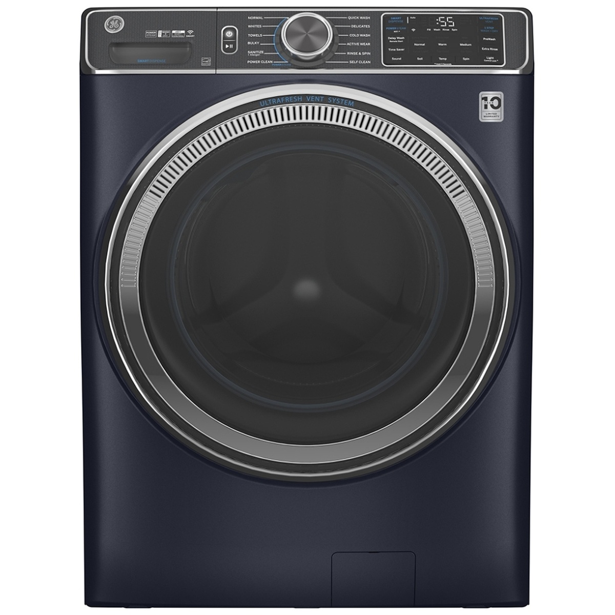 Front view of GE sapphire blue front-load washer with chrome-trimmed door and top control panel
