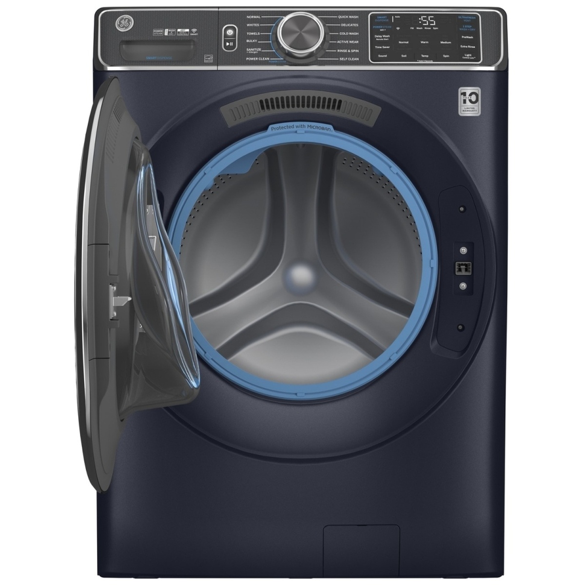 GE sapphire blue front-load washer with door open showing blue gasket labeled protected with Microban