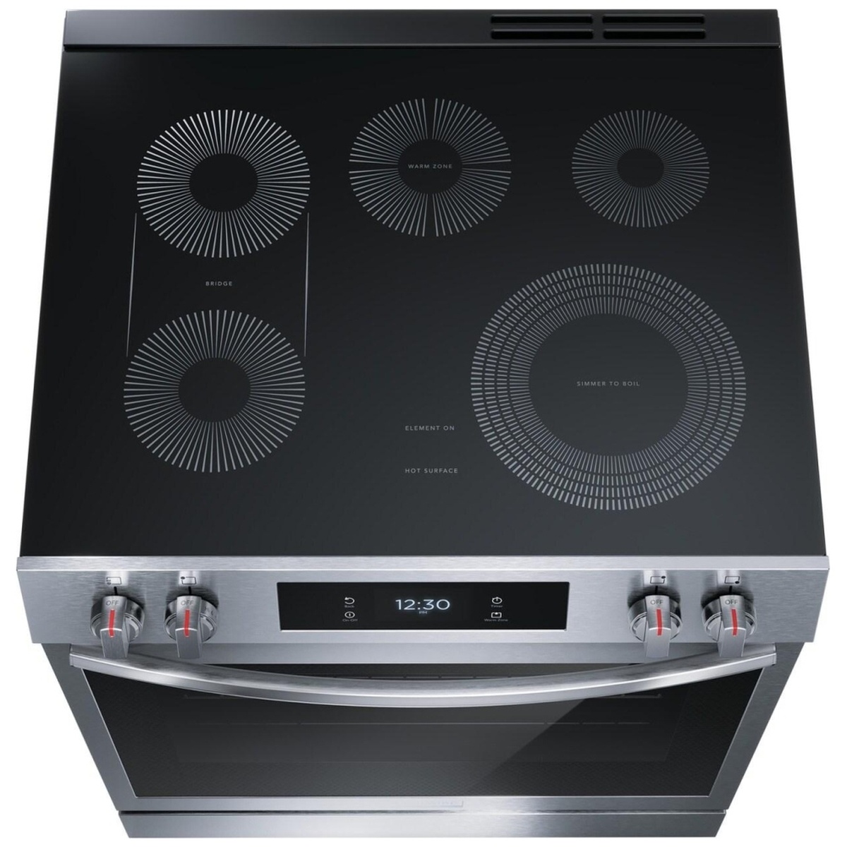 Top view of the Frigidaire Gallery smooth glass cooktop showing five radiant elements with a labeled bridge area and warm zone