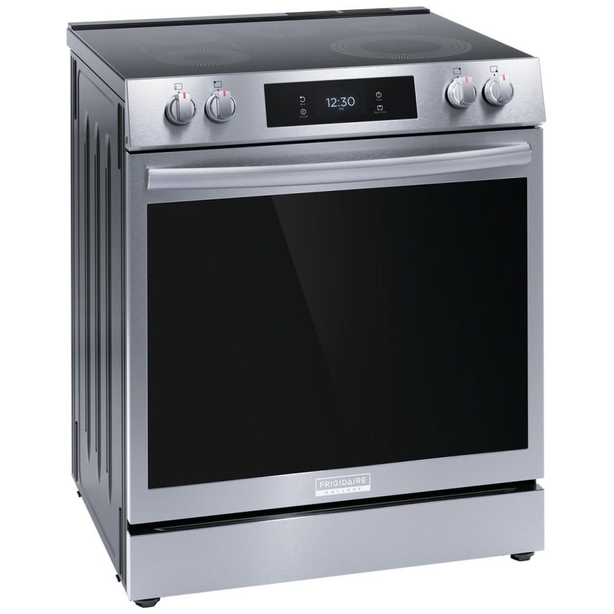 Angled front view of the Frigidaire Gallery stainless steel front-control electric range showing the knob controls and digital display