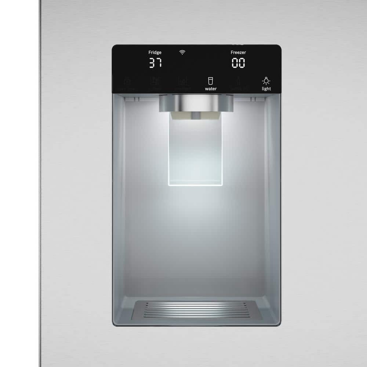 Close-up of the refrigerator door dispenser with digital temperature readouts and water and light touch controls