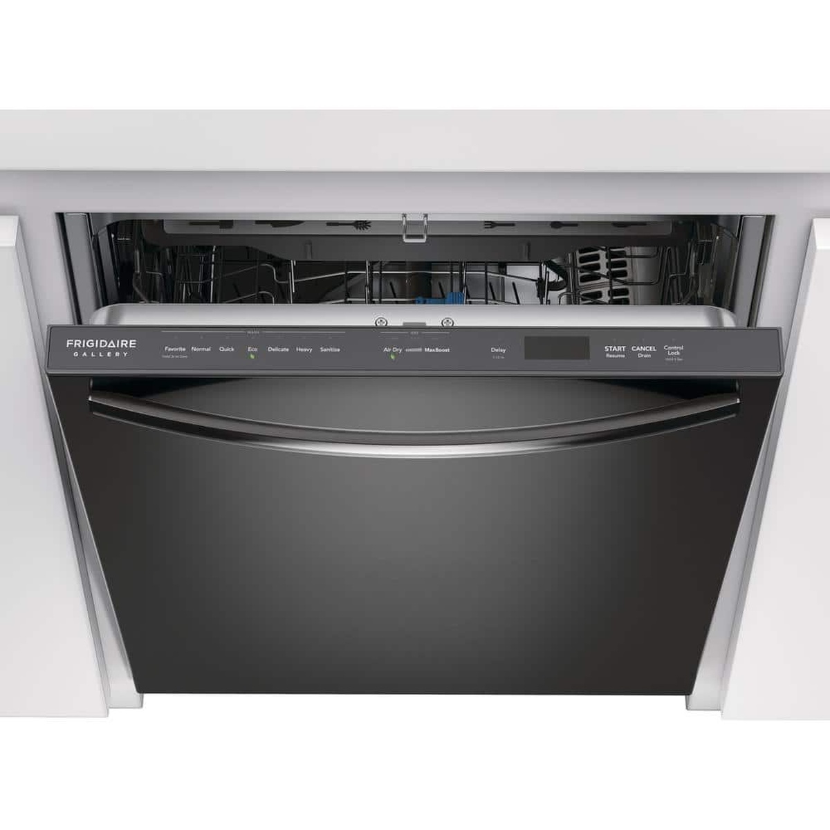 Frigidaire Gallery dishwasher installed under a counter with a top control panel and black stainless front