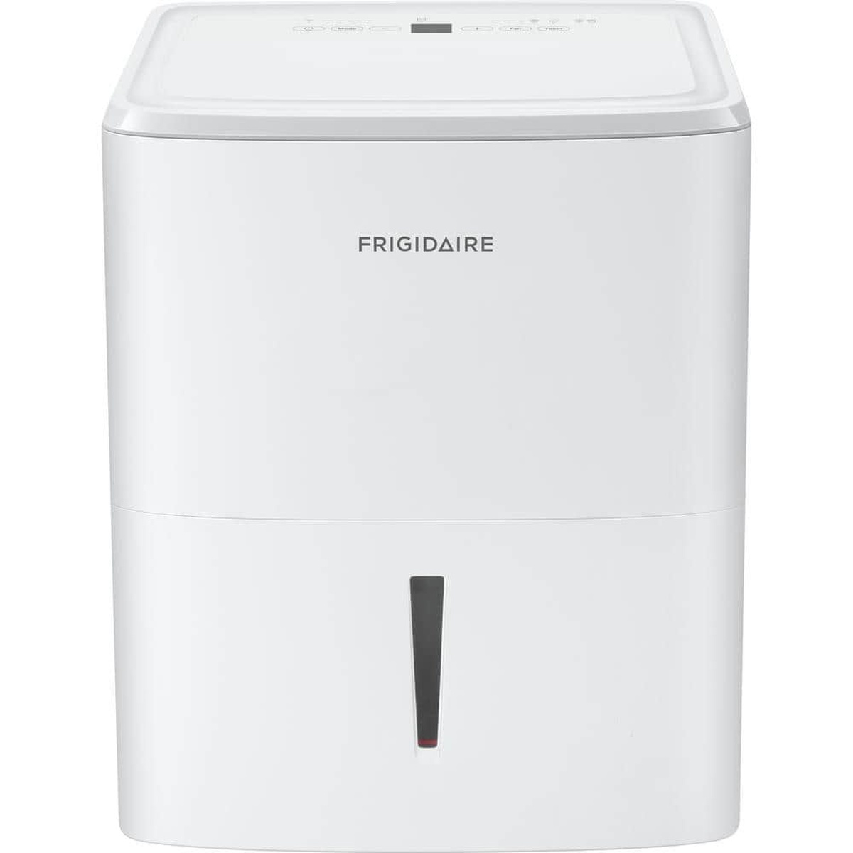 Front view of the white Frigidaire dehumidifier with water level window