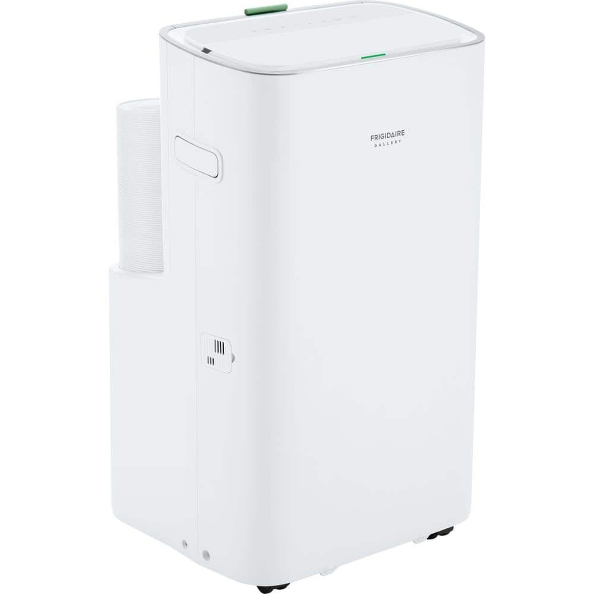 Angled rear view of the white Frigidaire Gallery portable air conditioner showing the exhaust hose connection, side carry handle, and caster wheels.