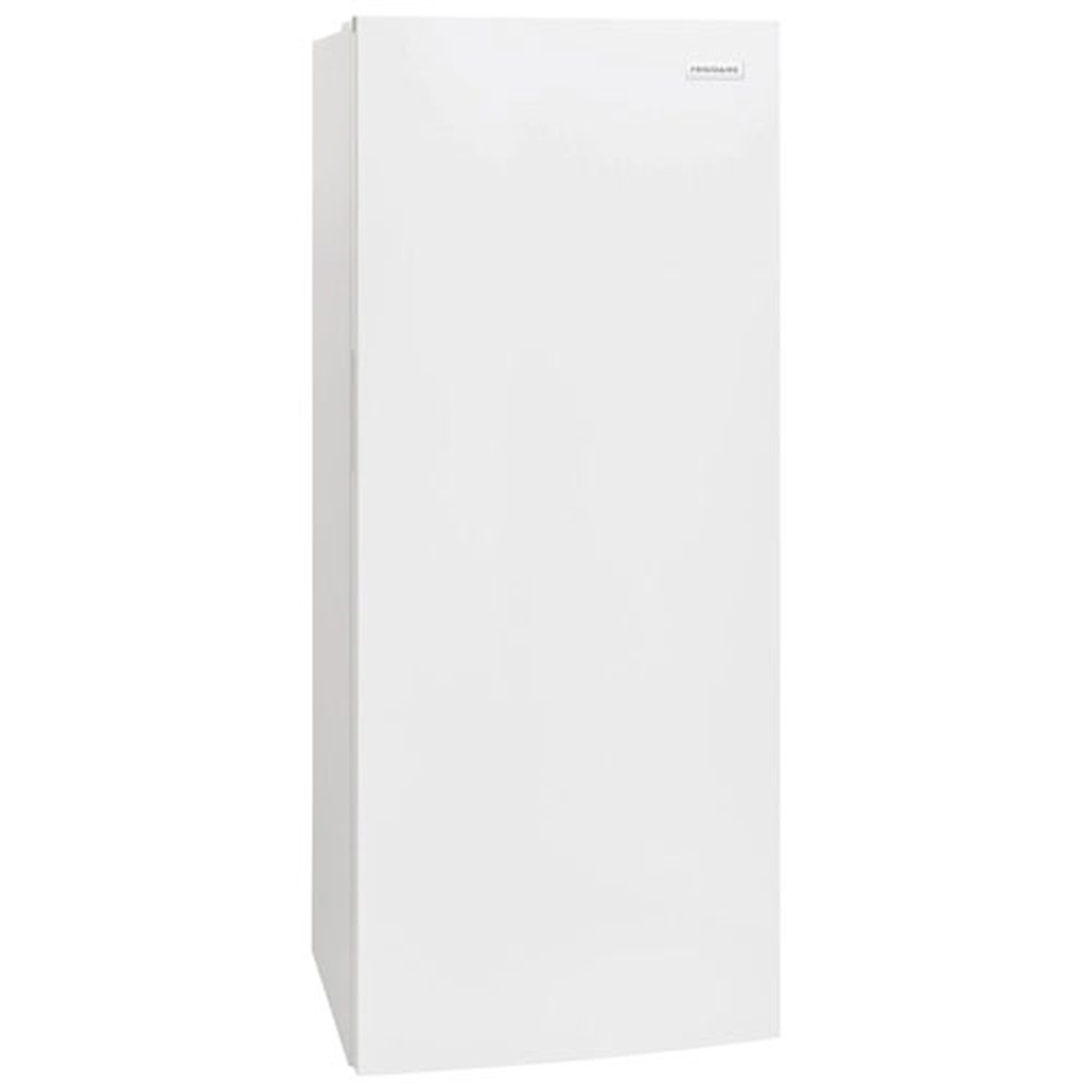 Angled front view of a white Frigidaire upright freezer with a smooth flat door and small Frigidaire badge near the top