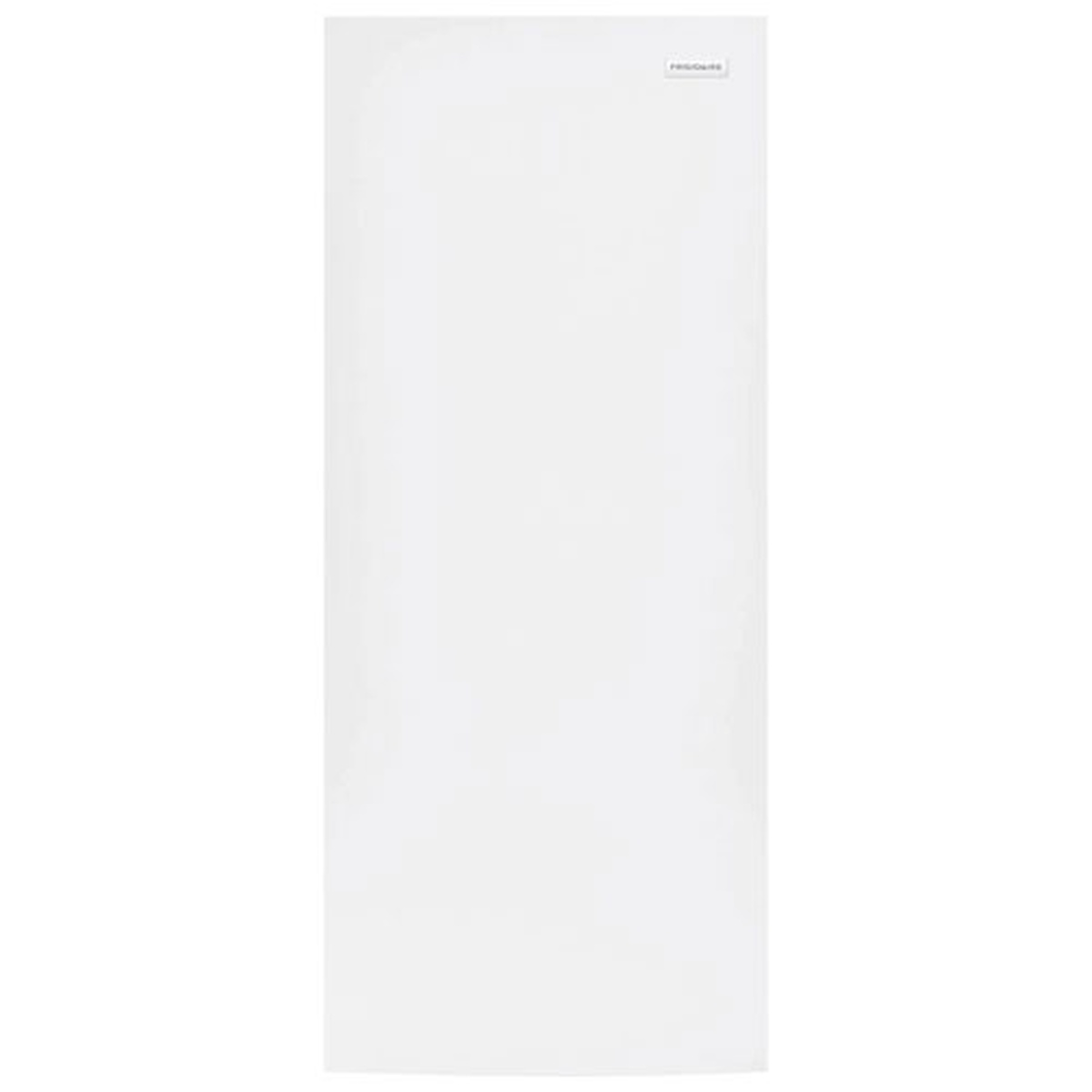 Front view of a white Frigidaire upright freezer with a minimalist door and small brand badge