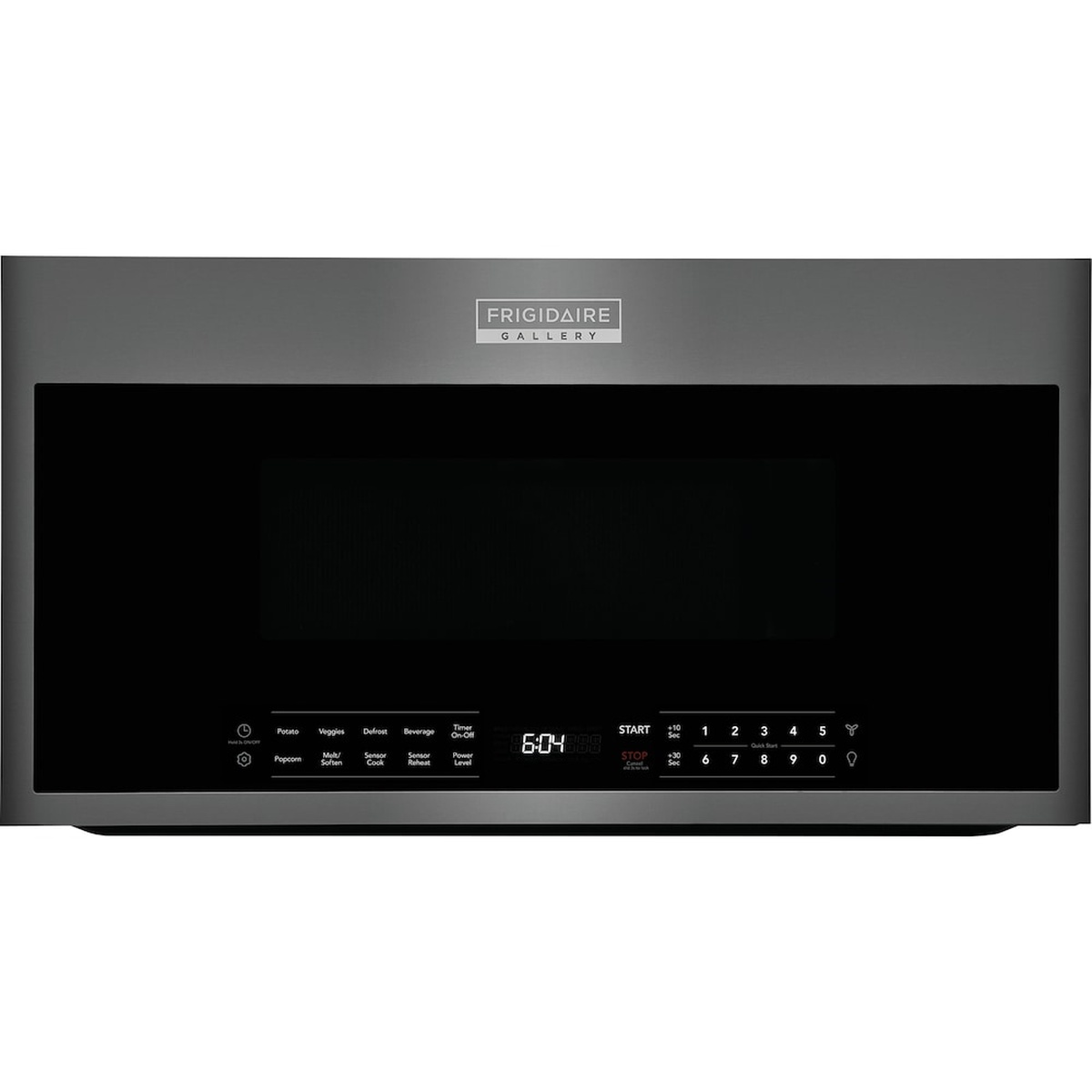 Front view of the Frigidaire Gallery over-the-range microwave in black stainless with a full-width door, digital display, and touch keypad