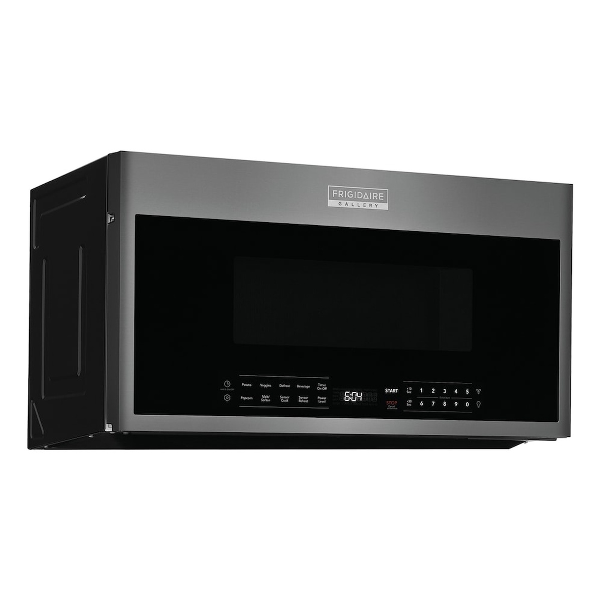 Angled view of the Frigidaire Gallery over-the-range microwave showing the black stainless door and slim touch control strip