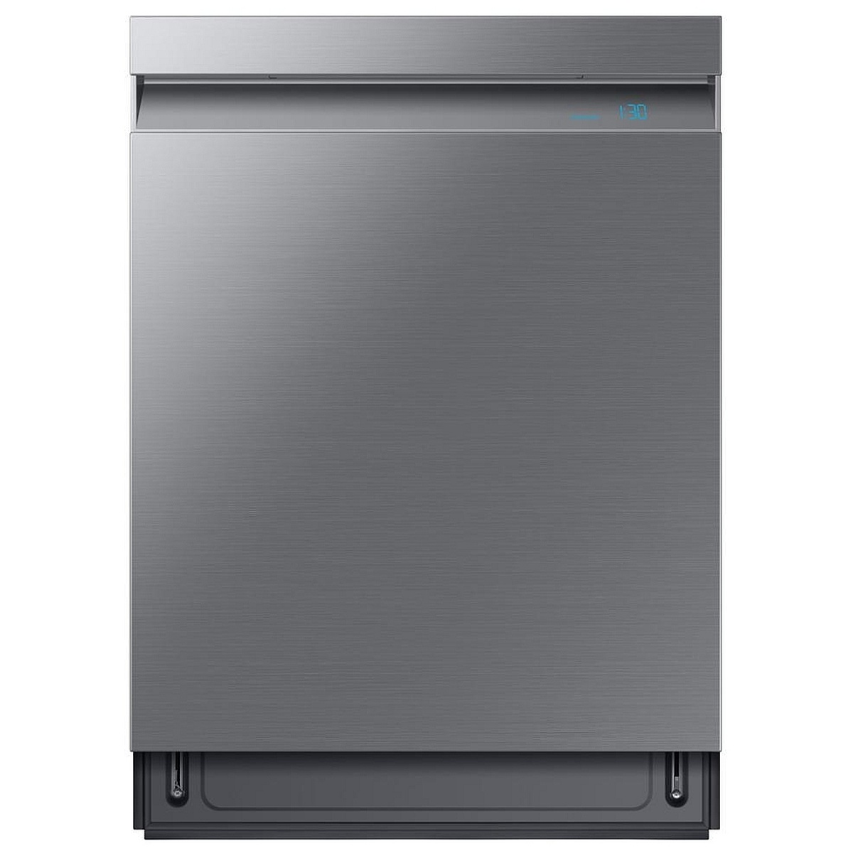 Front view of a stainless steel built-in dishwasher with a top-edge display and pocket handle