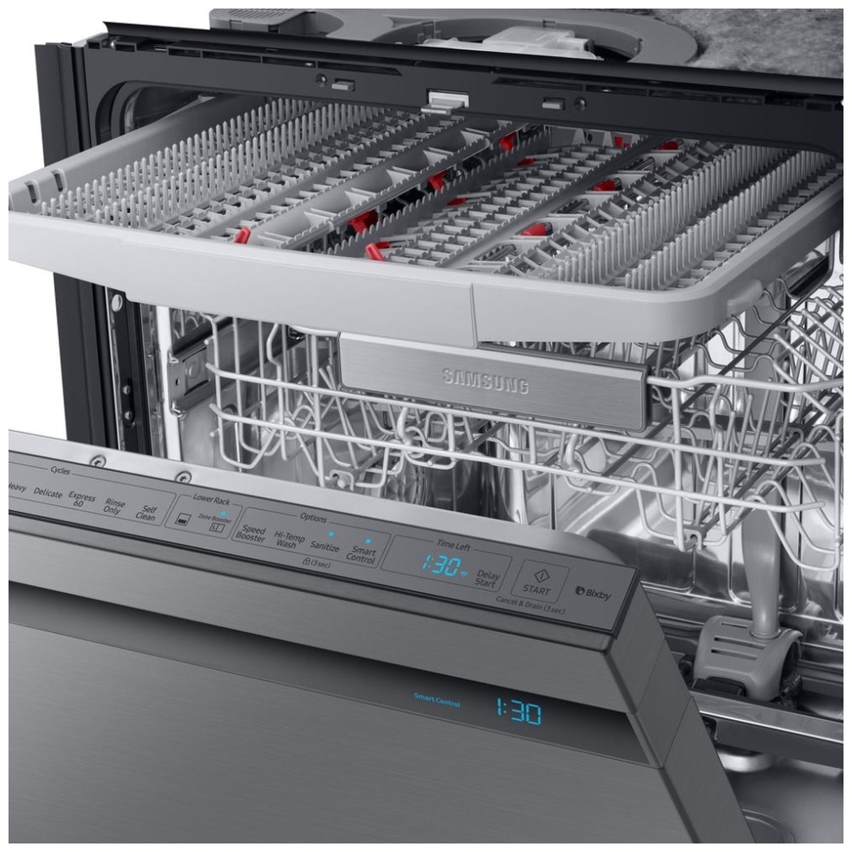 Close-up of the dishwasher interior showing the third rack and the top-edge touch control panel with a blue digital time display