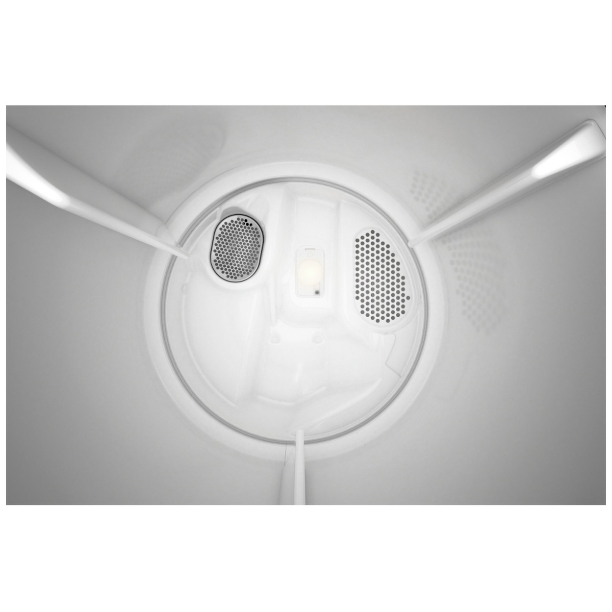 Inside view of the Maytag dryer drum with interior light and baffles