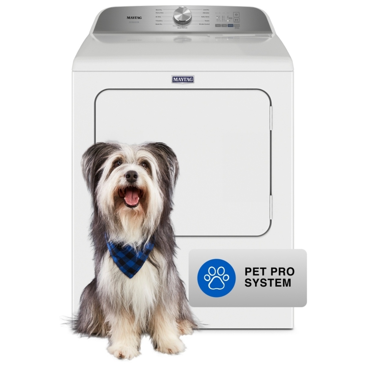White Maytag electric dryer with a dog and a Pet Pro System badge