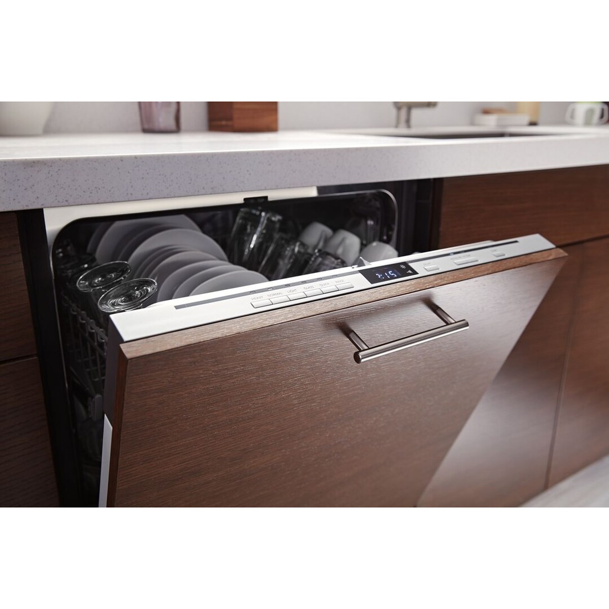 Panel-ready dishwasher partially open showing hidden top control buttons