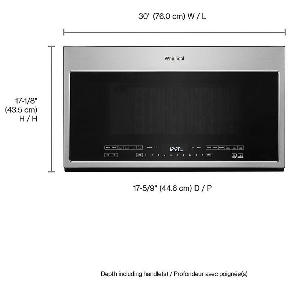 Whirlpool over-the-range microwave with labeled 30 inch width, 17-1/8 inch height, and depth including handle
