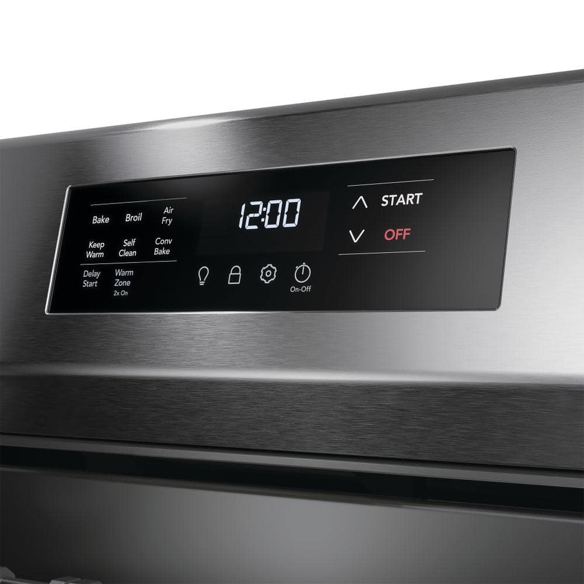 Close-up of the Frigidaire range control panel showing Air Fry, Conv Bake, Self Clean, and other touch settings