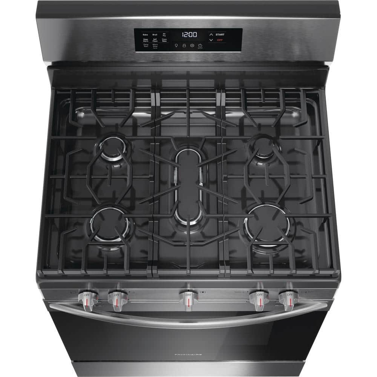 Top-down view of the Frigidaire FCRG3083AS gas cooktop with five burners and continuous grates