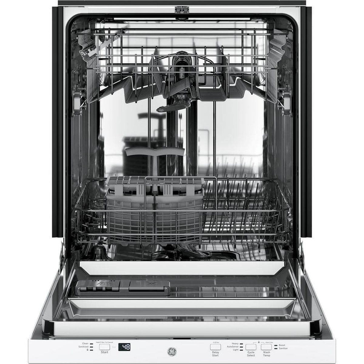 Open built-in dishwasher showing stainless steel interior, upper and lower racks, and top control panel