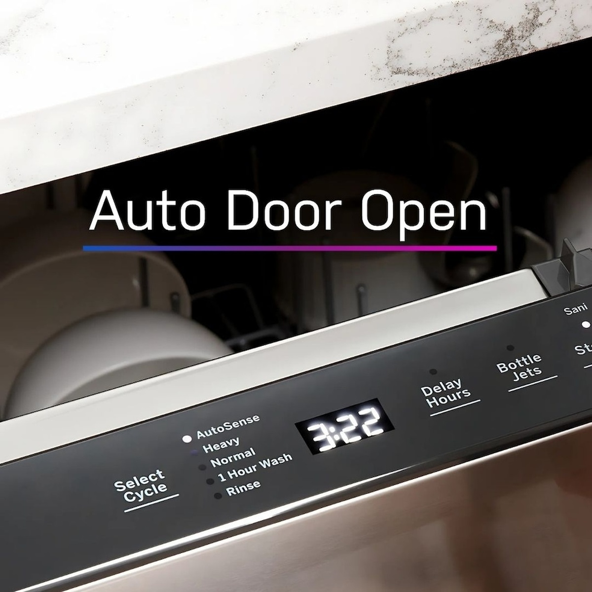 Close-up of the GE Profile dishwasher top control panel showing Auto Door Open text and cycle options