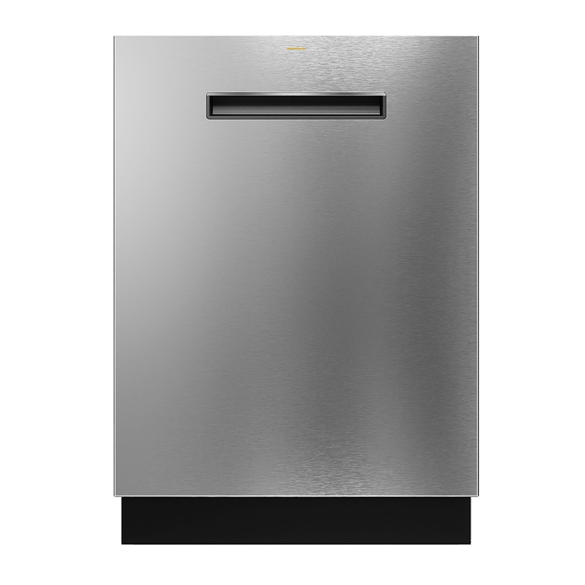 Front view of a stainless steel GE Profile top-control dishwasher with a recessed pocket handle