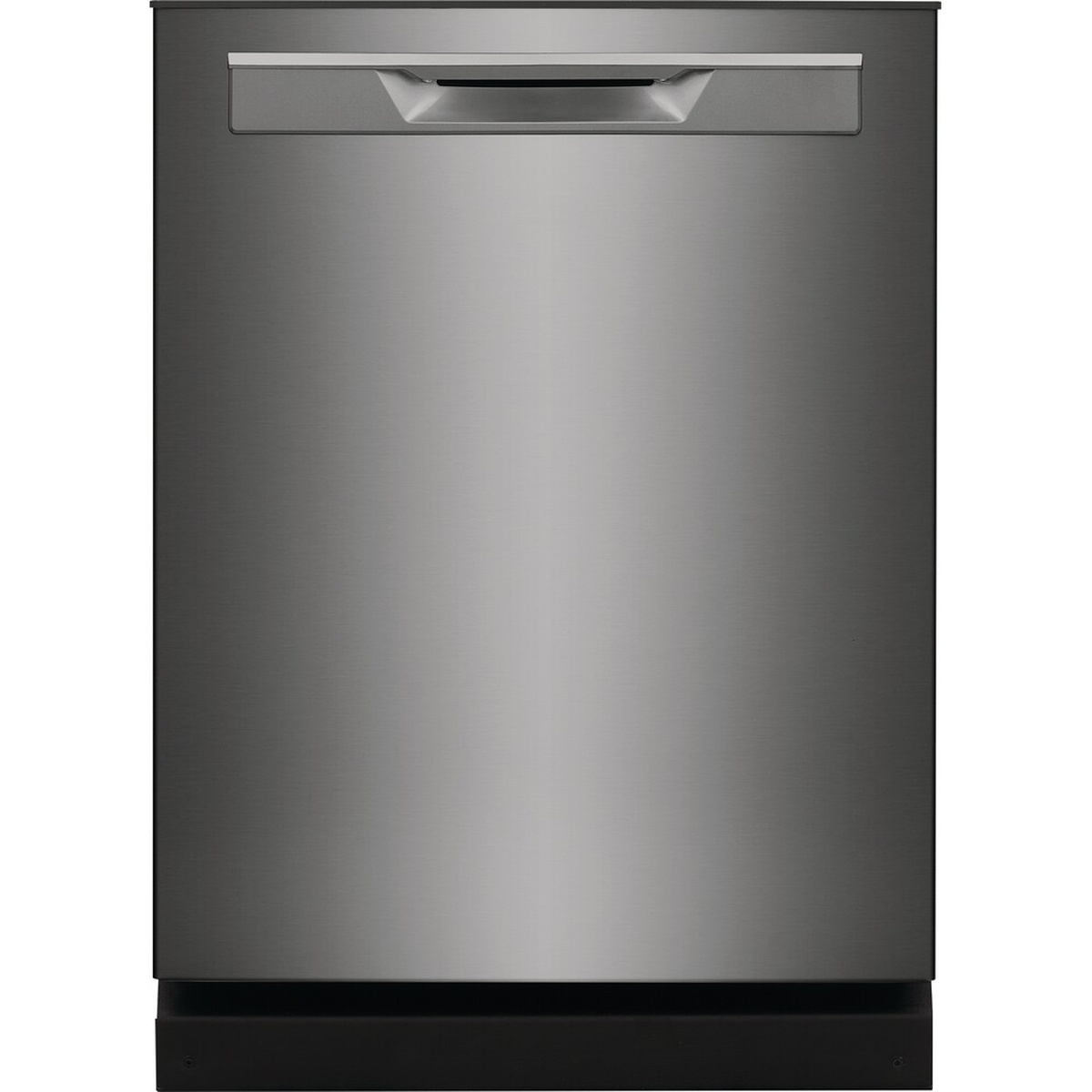 Front view of a Frigidaire Gallery built-in dishwasher with a smooth, fully integrated panel and a recessed pocket handle
