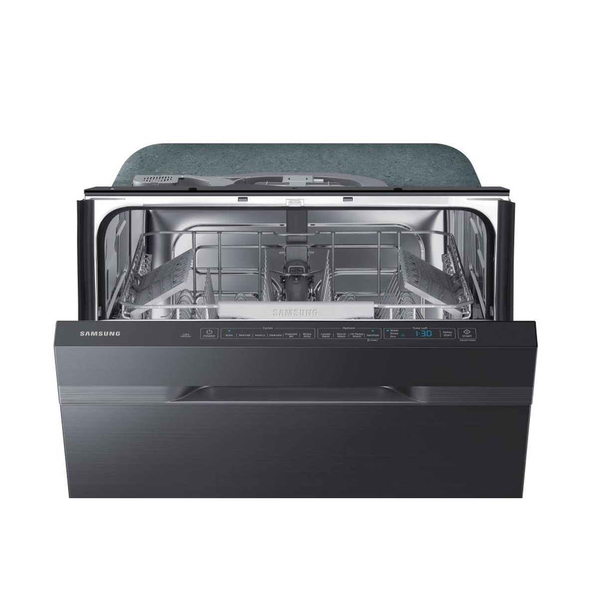 Samsung dishwasher door open showing top control panel and upper rack inside the stainless interior
