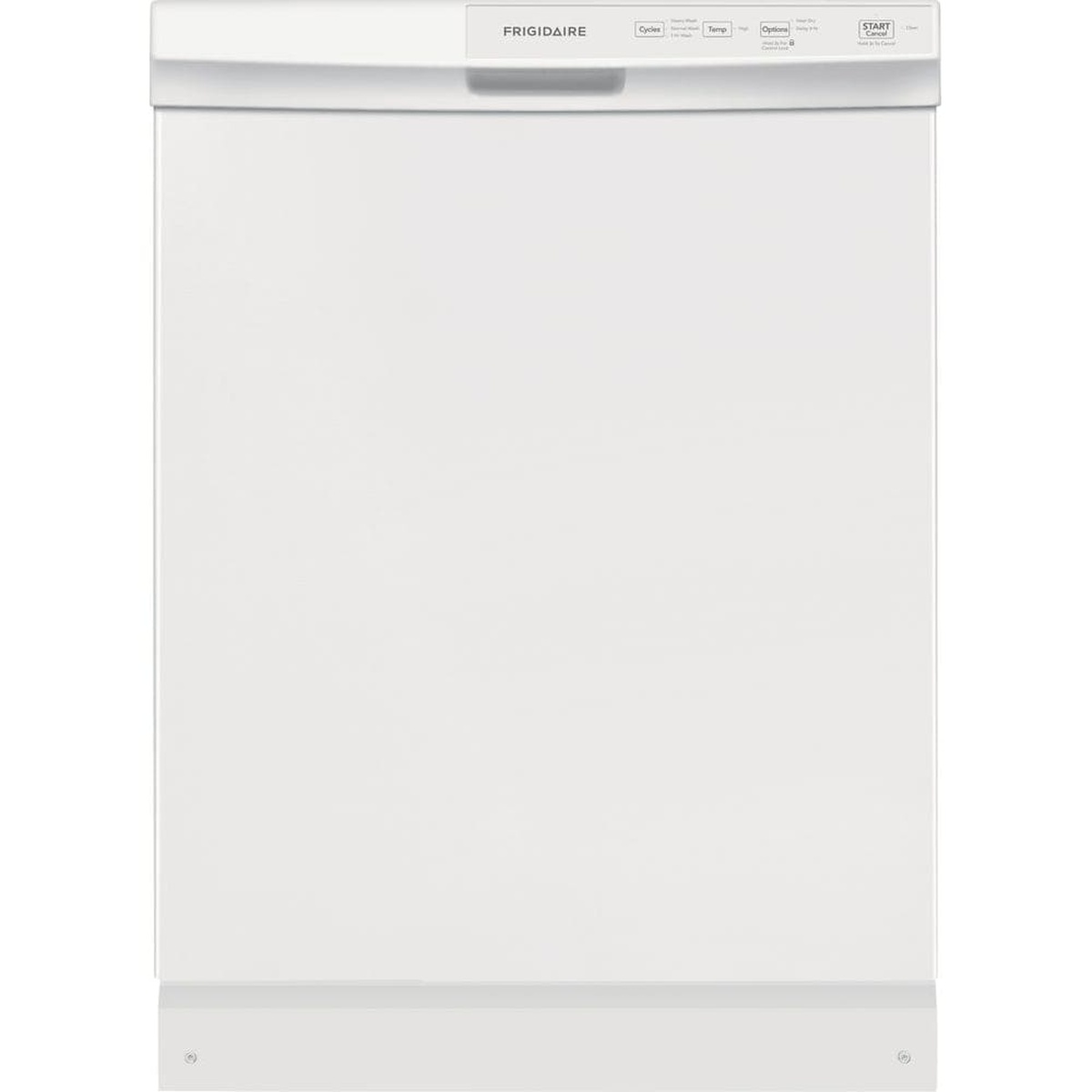 Front view of a white Frigidaire 24-inch built-in dishwasher with a slim front control panel