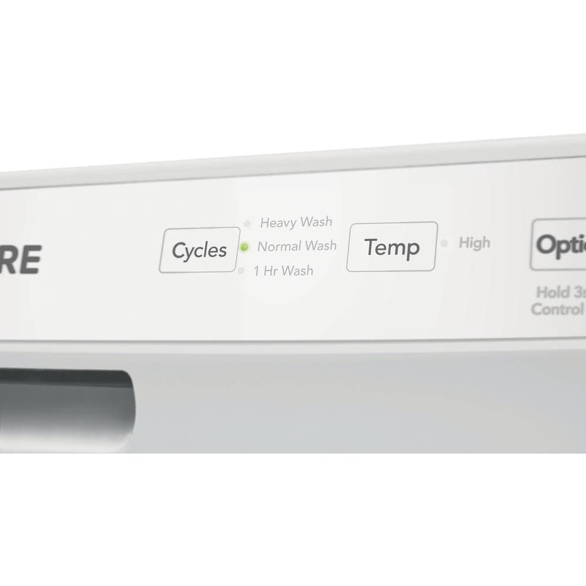 Close-up of the Frigidaire dishwasher front control panel showing cycle and temperature buttons