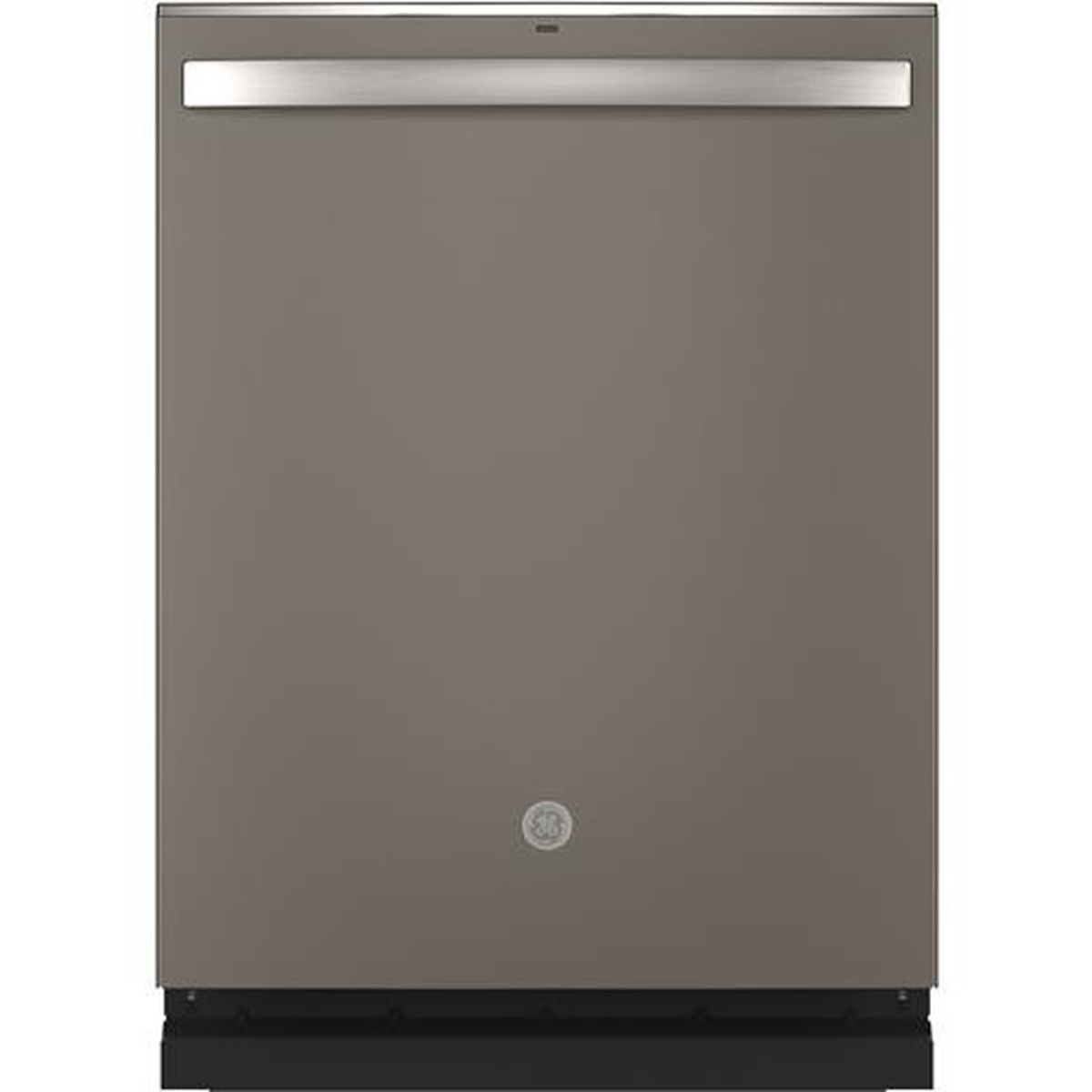 Front view of GE dishwasher in fingerprint resistant slate finish with integrated handle