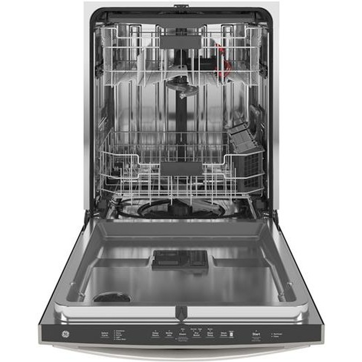 Open GE built-in dishwasher showing stainless steel interior tub with upper and lower racks