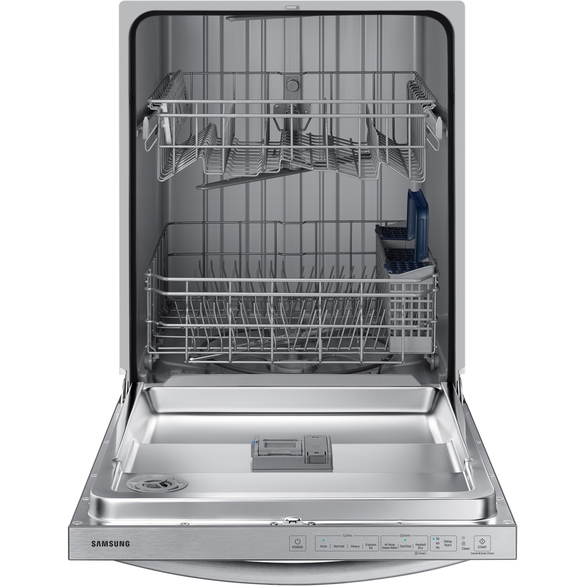 Open Samsung dishwasher showing stainless interior door, upper and lower racks with a silverware basket, and top-edge touch controls