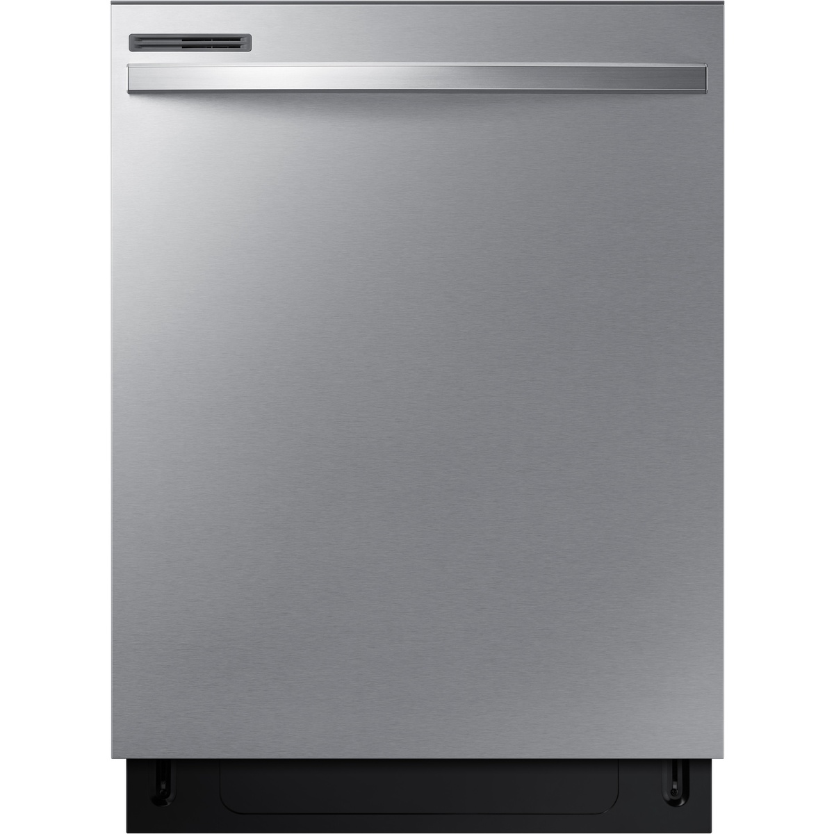 Front view of a stainless steel Samsung fully integrated dishwasher with a horizontal handle