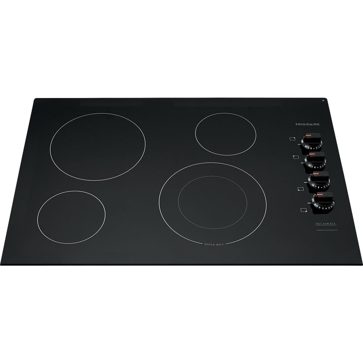 Top view of the Frigidaire FFEC3025UB black ceramic glass electric cooktop with four elements and right-side knob controls