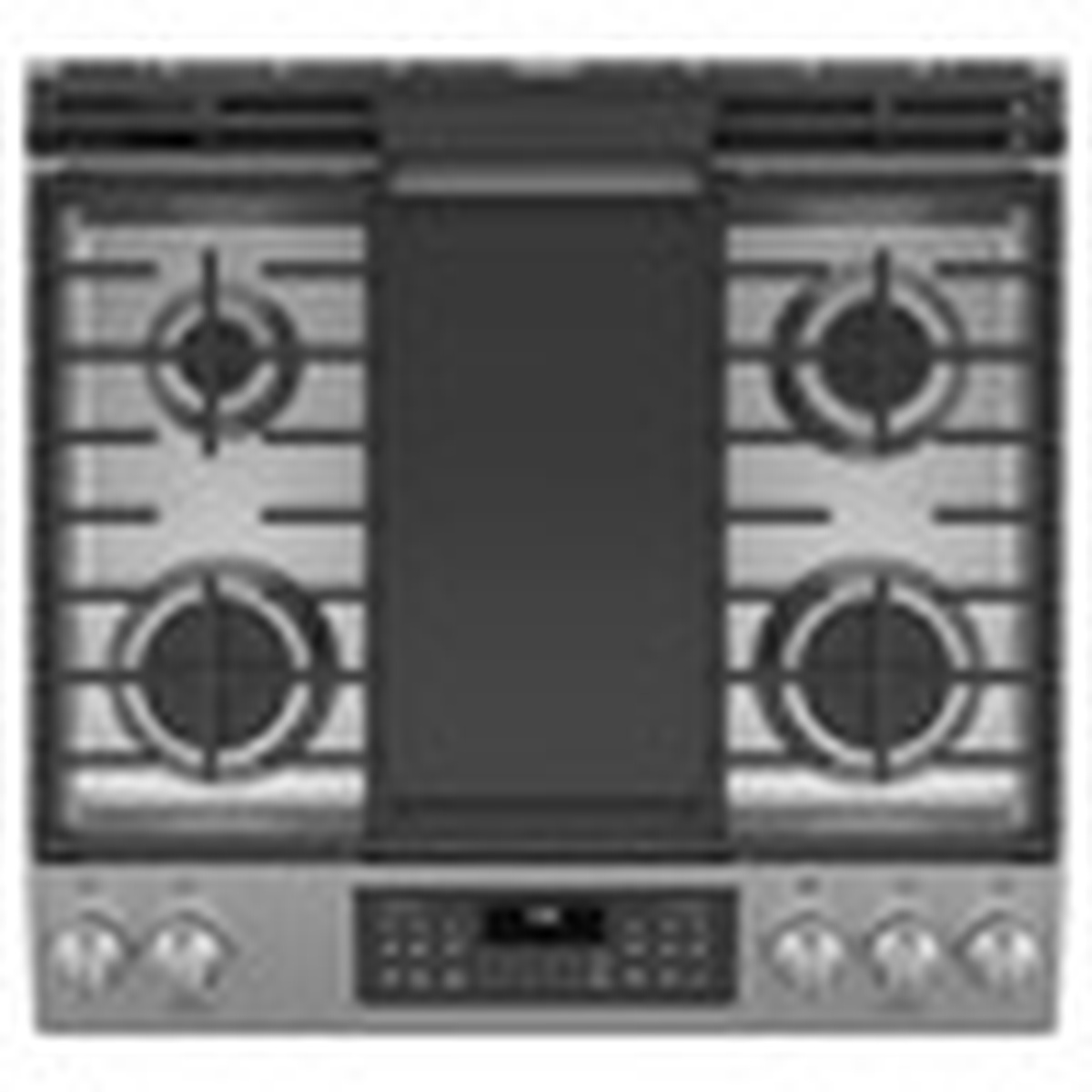 Top-down view of a stainless steel gas cooktop with five burners and a large center griddle
