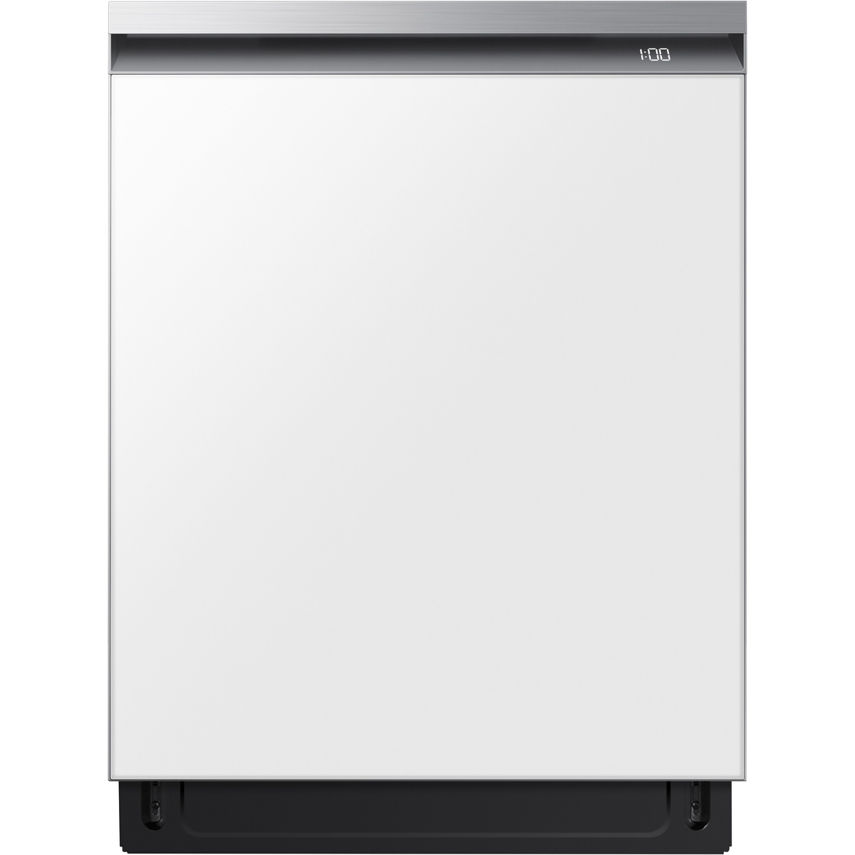 Front view of a panel-ready Samsung dishwasher with a minimalist white door and small time display at the top